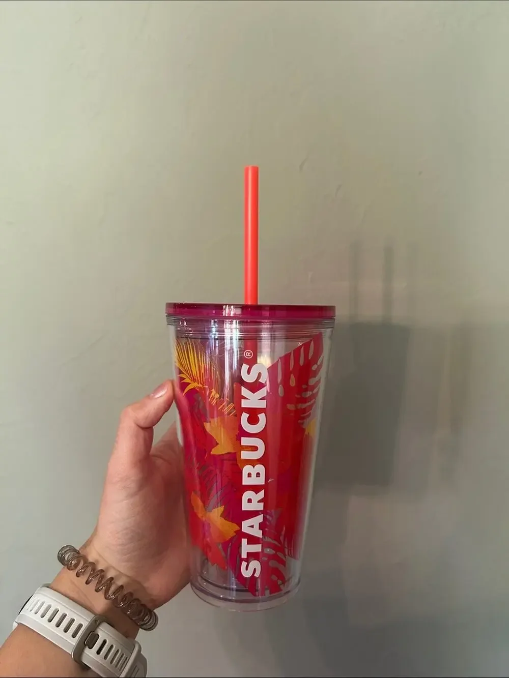 Starbucks Pink and Coral Tropical Reusable Tumbler with Straw